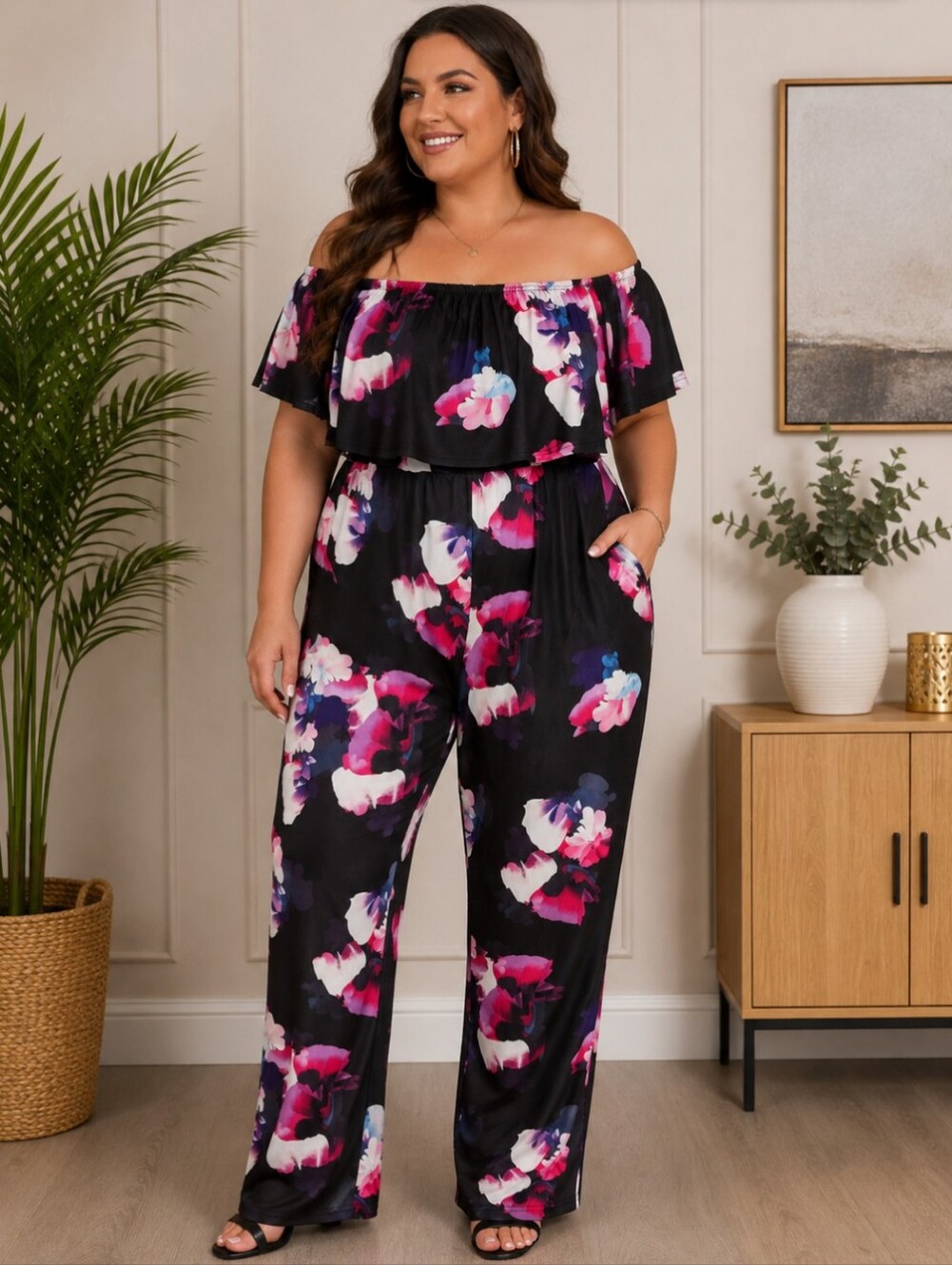 Black Floral Off Shoulder Ruffle Jumpsuit Pink Purple Blue XXL